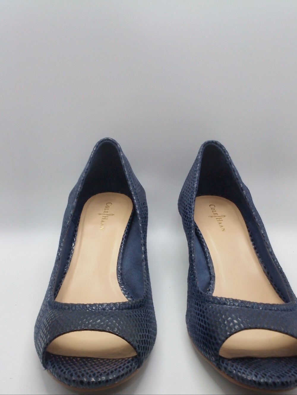 Cole Haan Nike Air Navy Python Textured Peep-Toe Wedges Sz 8.5B